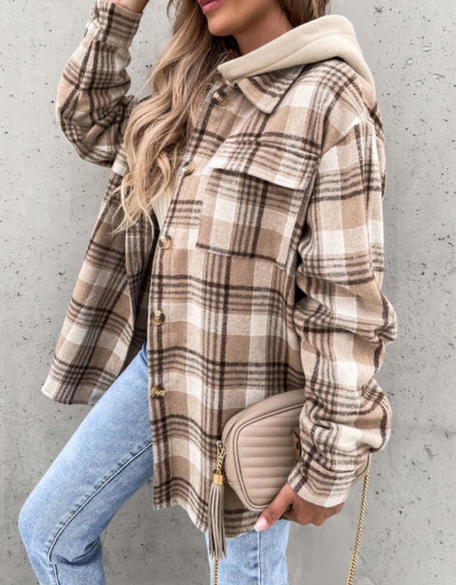 Load image into Gallery viewer, Plaid Button Up Jacket with Removable Hood
