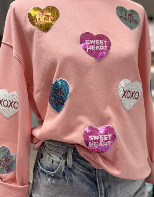 Load image into Gallery viewer, Valentine’s Day Sequin Heart Round Neck Long Sleeve Sweatshirt
