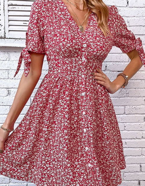 Load image into Gallery viewer, Perfee Ditsy Floral Tied Puff Sleeve Button Front Dress

