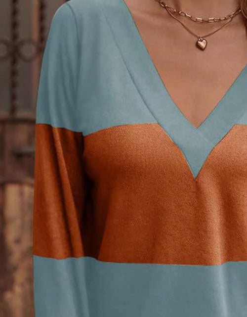 Load image into Gallery viewer, Decorative Button Contrast V-Neck Long Sleeve T-Shirt

