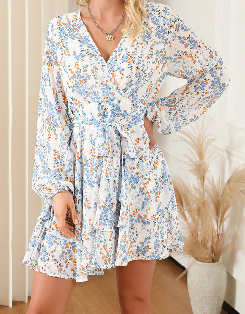 Load image into Gallery viewer, Printed Surplice Balloon Sleeve Mini Dress
