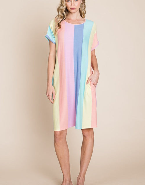 Load image into Gallery viewer, BOMBOM Striped Short Sleeve Dress with Pockets
