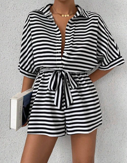 Load image into Gallery viewer, Tie Waist Half Button Striped Romper
