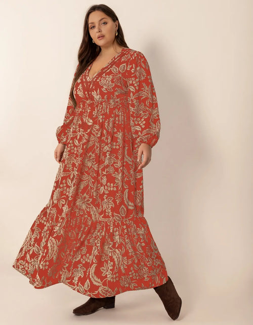 Load image into Gallery viewer, Plus Size Lace Detail Printed Balloon Sleeve Midi Dress
