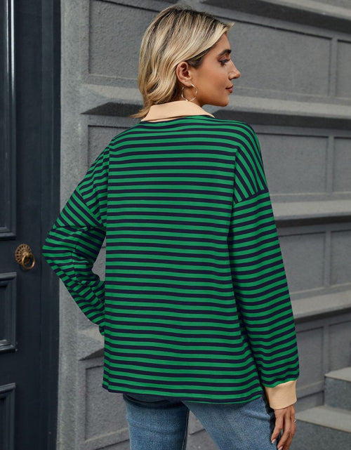 Load image into Gallery viewer, Striped Johnny Collar Long Sleeve Sweatshirt
