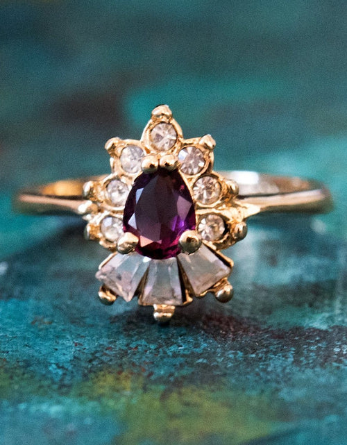 Load image into Gallery viewer, Vintage 1990's Ring Ruby and Clear Austrian Crystals 18k Yellow Gold Plated by PVD Vintage Jewelry
