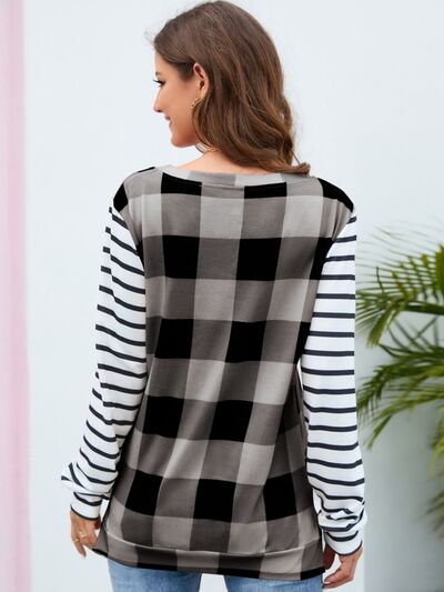Load image into Gallery viewer, Plaid Striped Round Neck Long Sleeve T-Shirt
