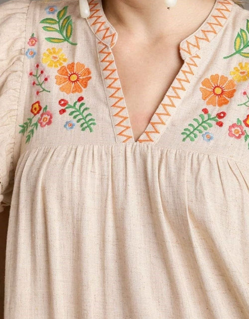 Load image into Gallery viewer, Floral Embroidery Pom Pom Ruffle Sleeves Mini Dress
