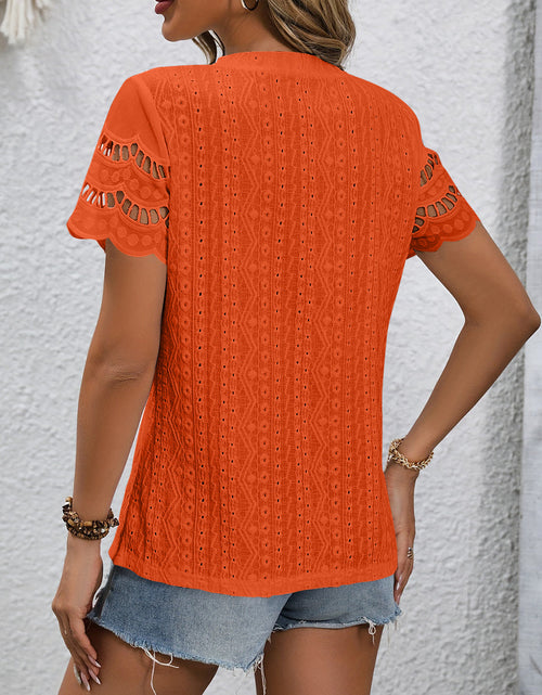 Load image into Gallery viewer, Full Size Eyelet Round Neck Short Sleeve Top
