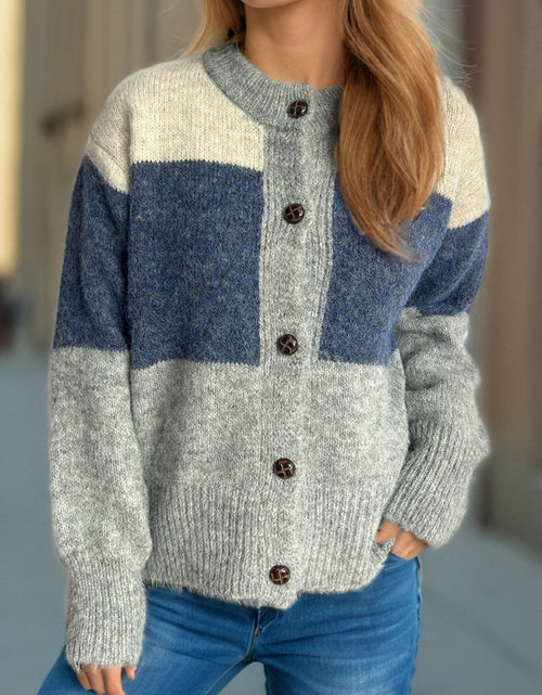 Load image into Gallery viewer, Color Block Round Neck Button Up Cardigan
