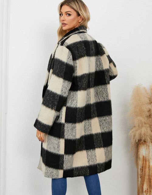 Load image into Gallery viewer, Plaid Double-Breasted Long Sleeve Coat
