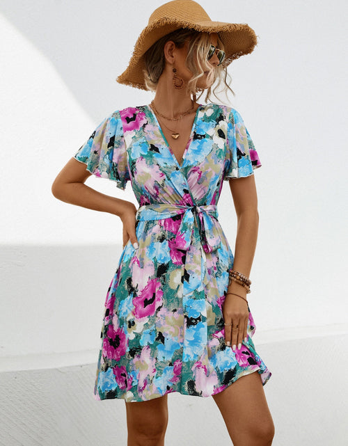 Load image into Gallery viewer, Printed Surplice Tie Waist Mini Dress
