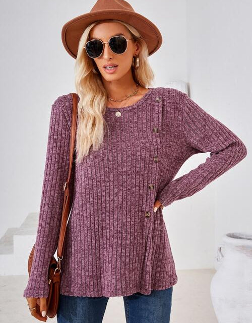 Load image into Gallery viewer, Ribbed Buttoned Round Neck Slit T-Shirt
