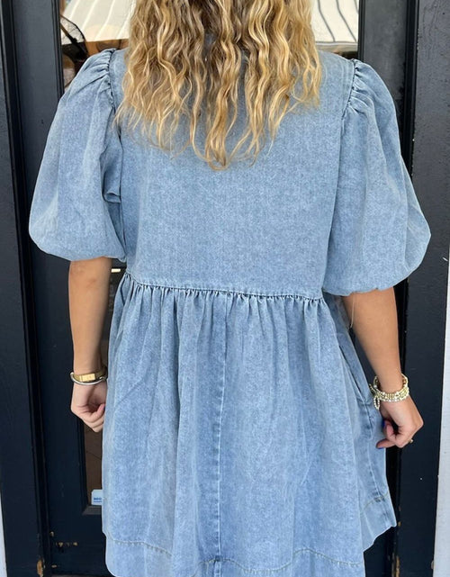 Load image into Gallery viewer, Bowknot Round Neck Half Sleeve Denim Dress
