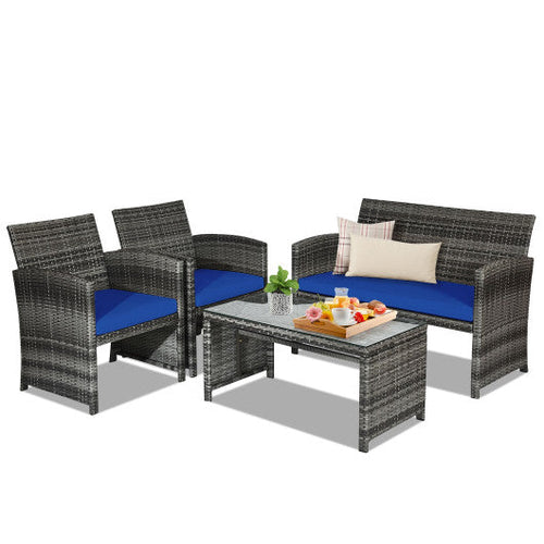 Load image into Gallery viewer, 4 Pieces Patio Rattan Furniture Set with Glass Table and Loveseat-Navy

