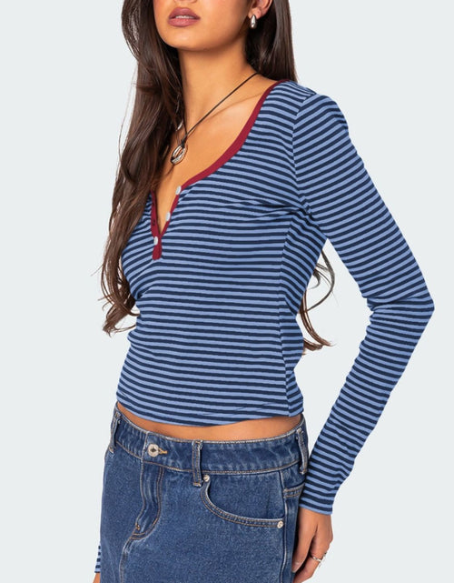 Load image into Gallery viewer, Buttoned Striped Long Sleeve T-Shirt
