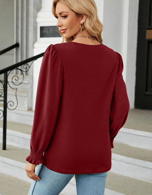 Load image into Gallery viewer, Round Neck Smocked Flounce Sleeve Blouse
