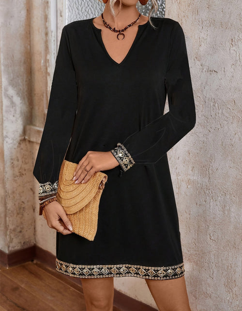 Load image into Gallery viewer, Embroidered Notched Long Sleeve Mini Dress
