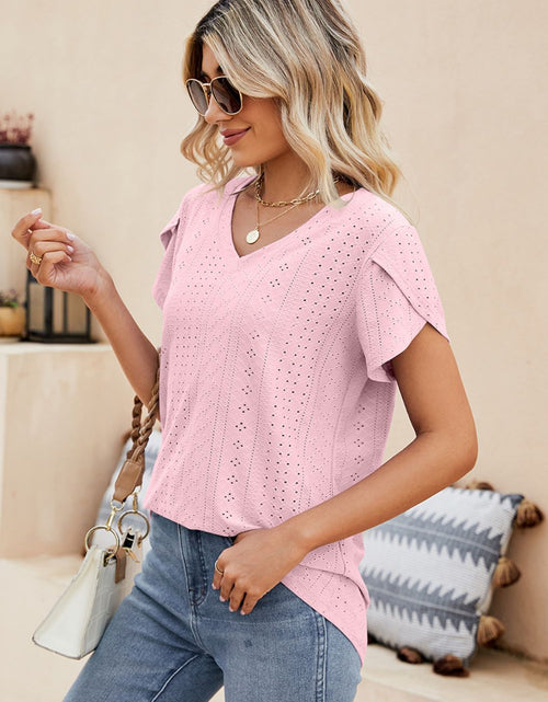 Load image into Gallery viewer, Eyelet Petal Sleeve V-Neck Knit Top
