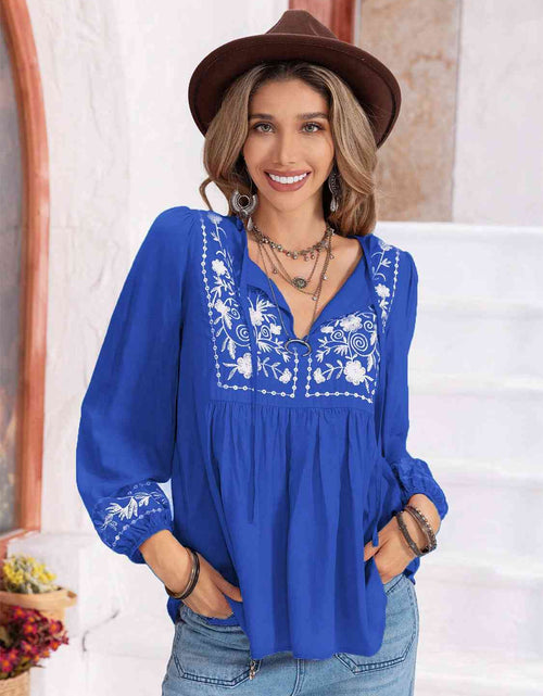 Load image into Gallery viewer, Floral Tie Neck Balloon Sleeve Blouse
