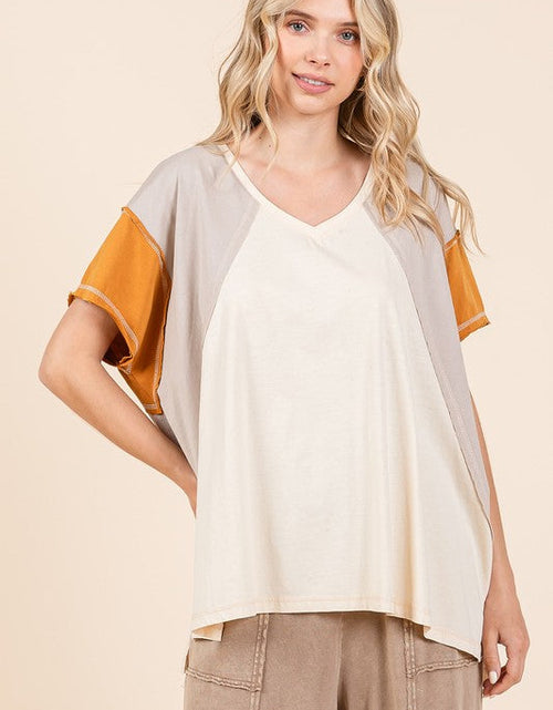Load image into Gallery viewer, Mittoshop Color Block V-Neck Short Sleeve T-Shirt
