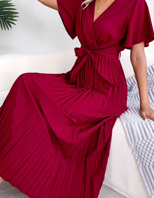 Load image into Gallery viewer, Pleated Flutter Sleeve Belted Dress
