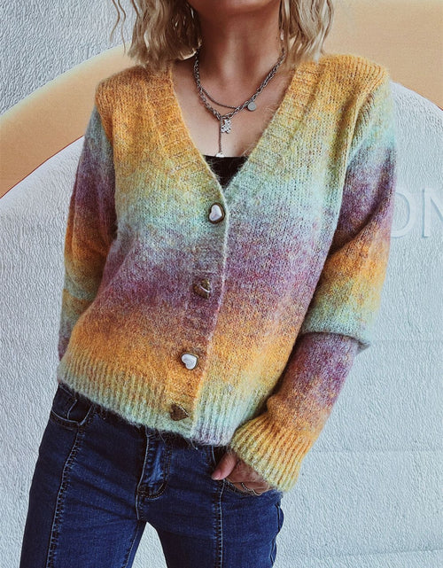 Load image into Gallery viewer, Gradient Heart Shape Button V-Neck Cardigan
