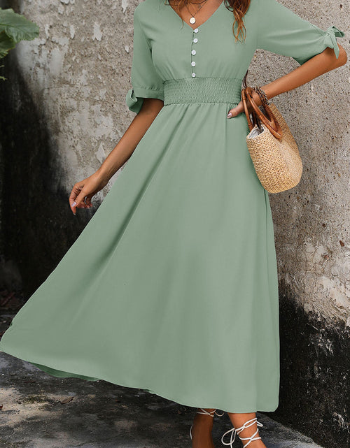 Load image into Gallery viewer, Perfee Smocked Quarter Button Short Sleeve Dress
