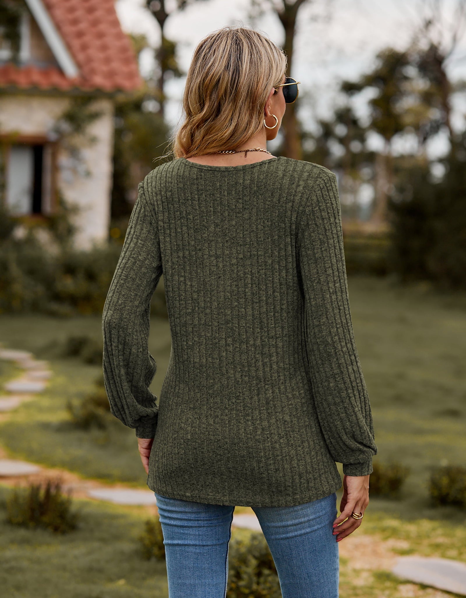 Round Neck Button-Down Long Sleeve Tee