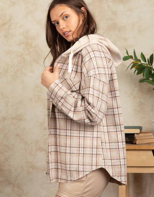 Load image into Gallery viewer, Drawstring Plaid Long Sleeve Hooded Jacket
