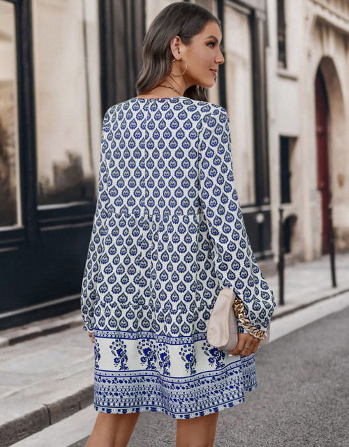 Load image into Gallery viewer, Printed Tie Neck Long Sleeve Dress
