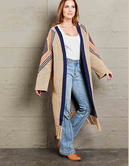 Load image into Gallery viewer, Angel Wings Geometric Fringe Hem Open Front Duster Cardigan

