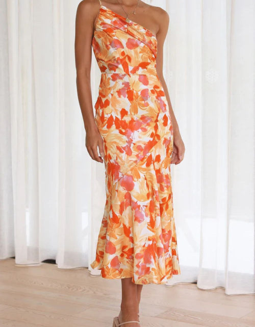 Load image into Gallery viewer, Ruched Printed Single Shoulder Midi Dress
