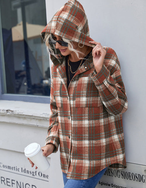 Load image into Gallery viewer, Ivy Lane Plaid Button Up Long Sleeve Hooded Jacket
