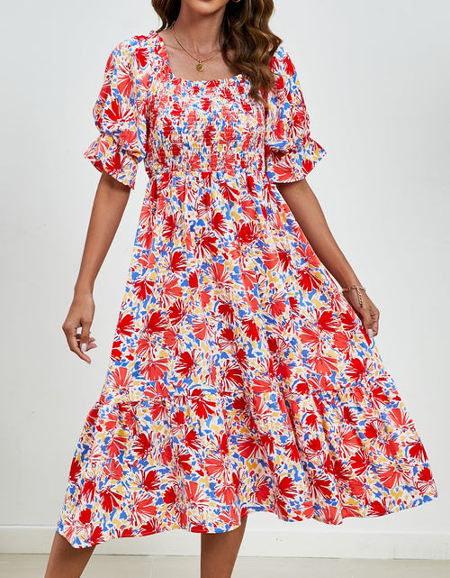 Load image into Gallery viewer, Smocked Floral Square Neck Short Sleeve Dress
