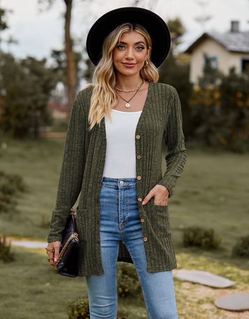 Load image into Gallery viewer, Ribbed Button-Up Cardigan with Pockets
