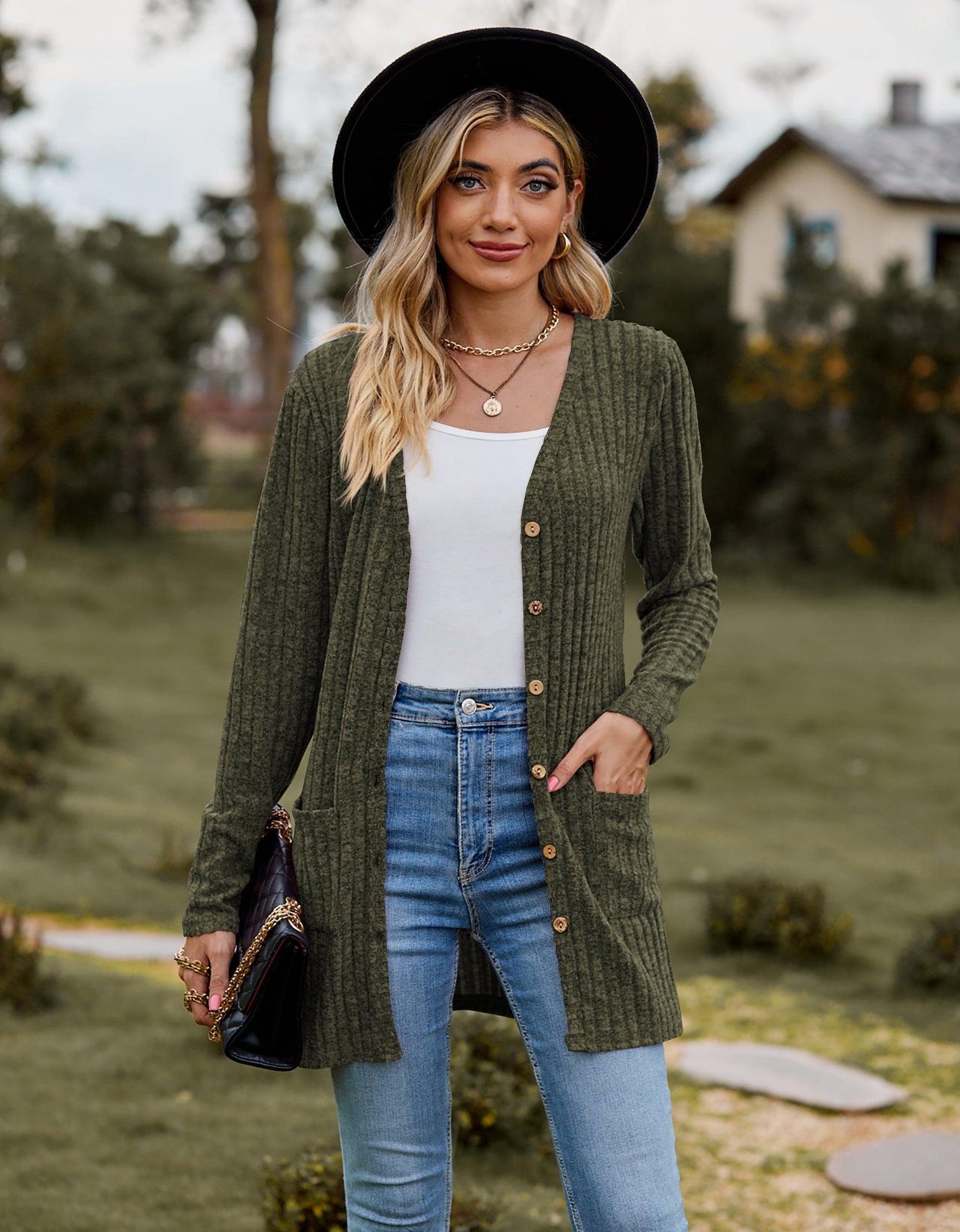 Ribbed Button-Up Cardigan with Pockets