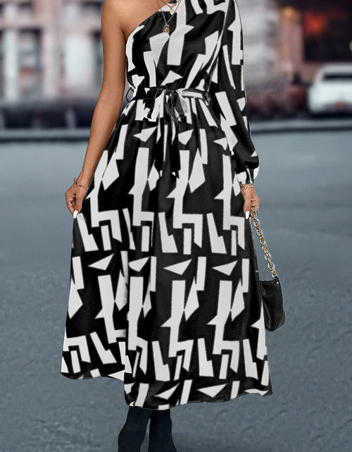 Load image into Gallery viewer, Printed One-Shoulder Tie Waist Dress
