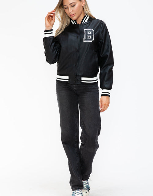 Load image into Gallery viewer, Love Me Now PU Leather Contrast Snap Down Bomber Jacket
