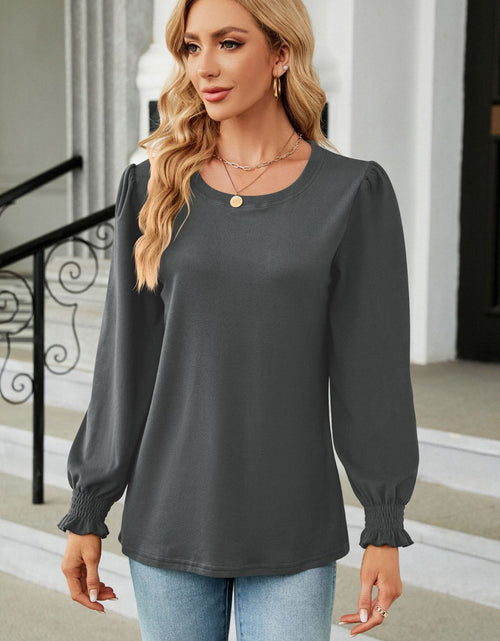 Load image into Gallery viewer, Round Neck Smocked Flounce Sleeve Blouse
