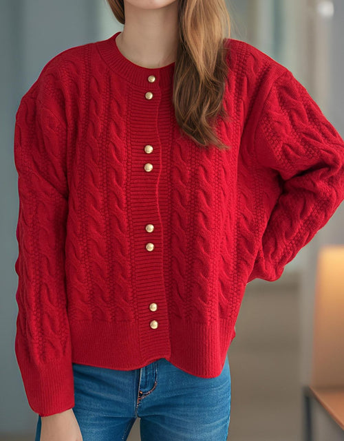 Load image into Gallery viewer, Cable-Knit Round Neck Long Sleeve Cardigan
