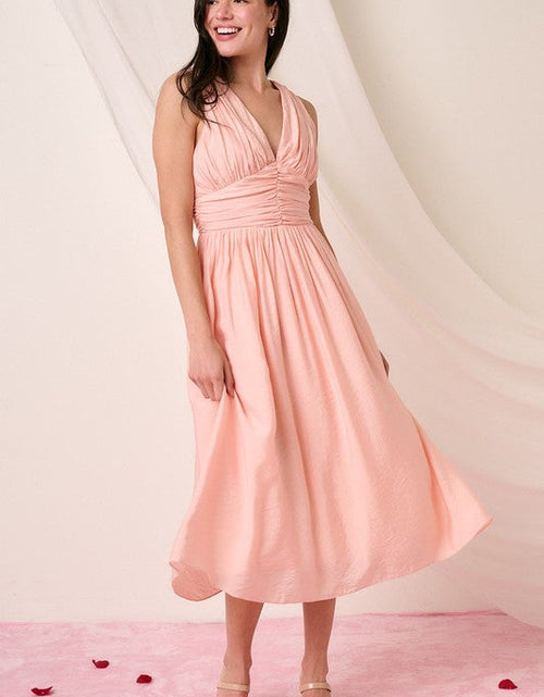 Load image into Gallery viewer, Mittoshop Ruched V-Neck Sleeveless Midi Dress
