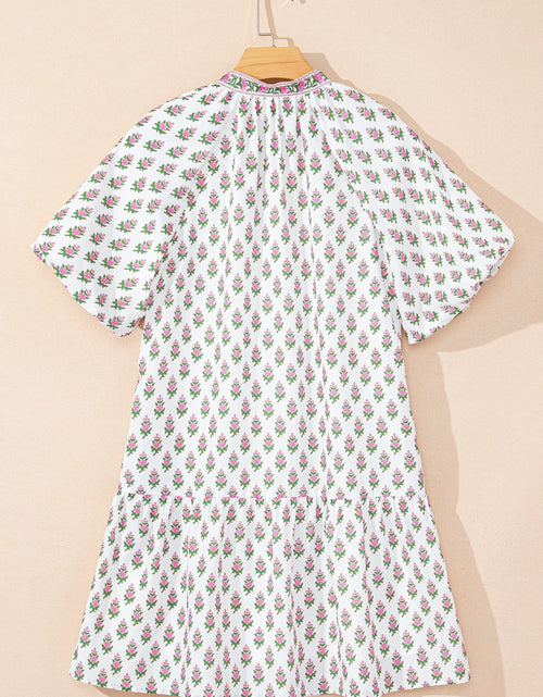 Load image into Gallery viewer, Floral Print Puff Sleeve Tie Neck Ruffled Hem Dress
