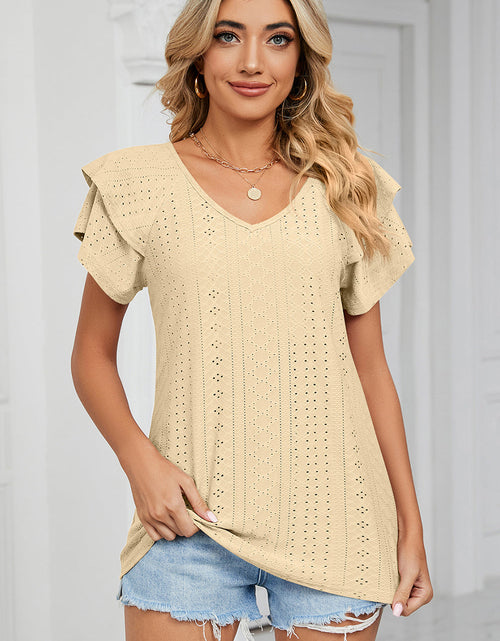 Load image into Gallery viewer, Eyelet V-Neck Short Sleeve T-Shirt
