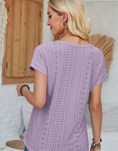 Load image into Gallery viewer, Eyelet Round Neck Rolled Short Sleeve T-Shirt
