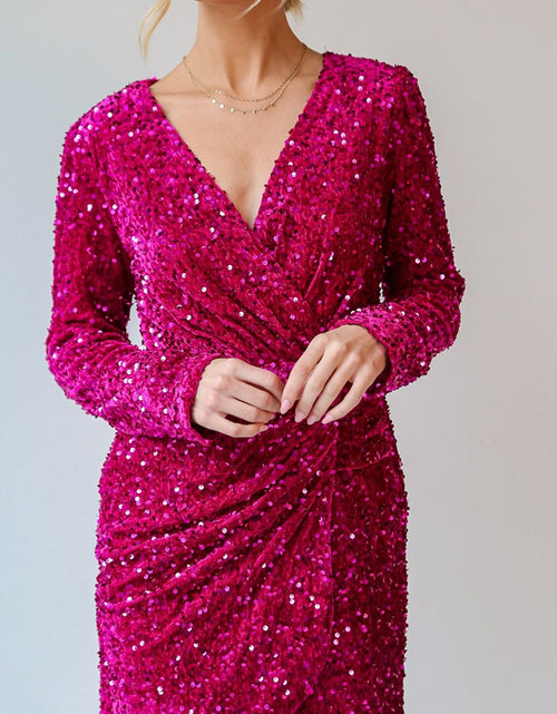 Load image into Gallery viewer, Sequin Surplice Long Sleeve Mini Dress
