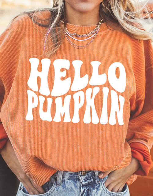 Load image into Gallery viewer, Round Neck Dropped Shoulder HELLO PUMPKIN Graphic Sweatshirt
