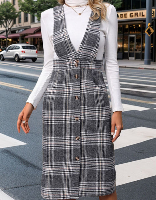 Load image into Gallery viewer, Perfee Pocketed Plaid Overall Dress
