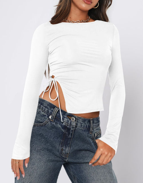 Load image into Gallery viewer, Tied Slit Round Neck Long Sleeve T-Shirt
