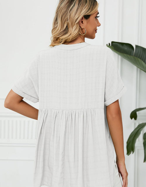 Load image into Gallery viewer, Side Slit Notched Neck Cuffed Short Sleeve Blouse

